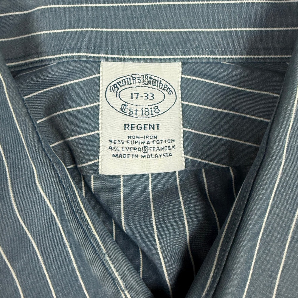 Brooks Brothers Regent Dress Shirt 17-33 Blue White Stripe Supima Cotton Stretch - Picture 4 of 7